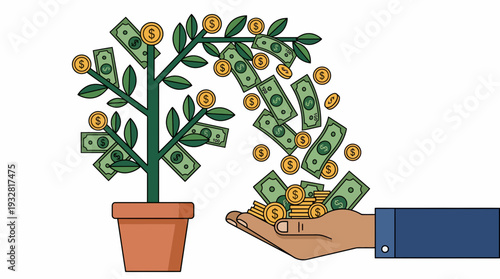 Hand Collects Money from Green Plant in Terracotta Pot, Illustrating Wealth in a Cartoon Setting
