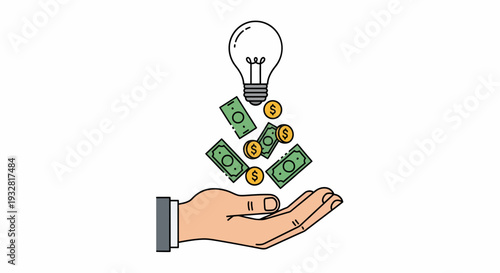 Business Hand Holding Money and Lightbulb Above, Cartoon Illustration Showing Innovation and Wealth