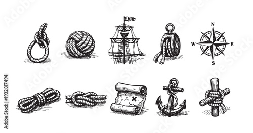 Collection of nautical themed sketches featuring rope knots, a sailing ship, a treasure map, an anchor, and a compass rose against a white background, offering adventure and exploration themes.