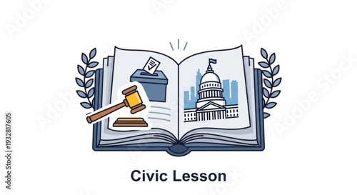 Civic lesson concept with open book gavel ballot box and us capitol building illustration