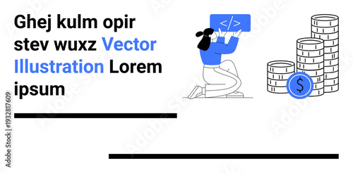 Financial technology, software development, investment growth, coding education, economic management, digital solutions. A woman holding a code block near stacked coins. Financial technology