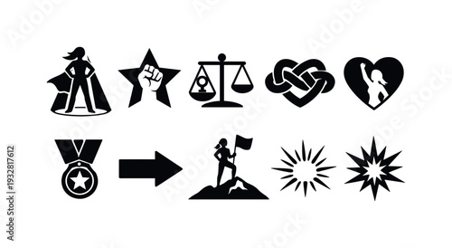 Heroic empowerment icon set. Adventure, justice, love silhouette icons collection.