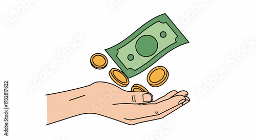 A business hand catching falling coins and a green bill in a cartoon illustration of abundance and wealth