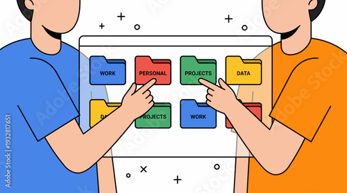 Collaborating on a whiteboard, two team members organize colorful folders in a clean studio, showcasing business presentation teamwork from a side view