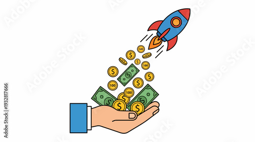 Cartoon Hand Holds Bills, Money and Coins, Rocket Ascends Over White Background