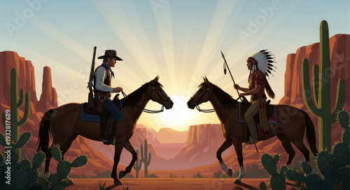 Cowboy and Native American face off on horseback at sunset, a dramatic western scene.