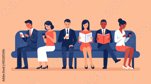 Business Conversation Among Individuals on a Couch in a Waiting Office, Each Using Devices