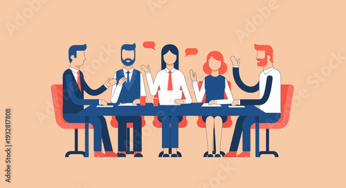 Five Professionals in Attire, Chairs, Discussion