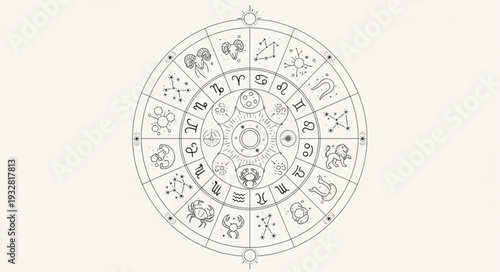 Intricate circular diagram with detailed symbols and astrological elements, ancient design.