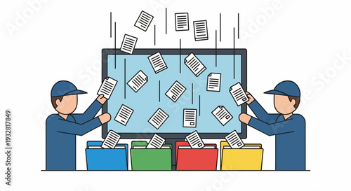 Business cartoon illustration of two workers loading money into a large open safe, with colorful briefcases, humor and a white background front view