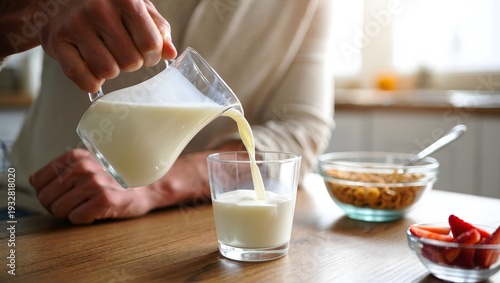 Milk Being Poured into a Glass with Breakfast