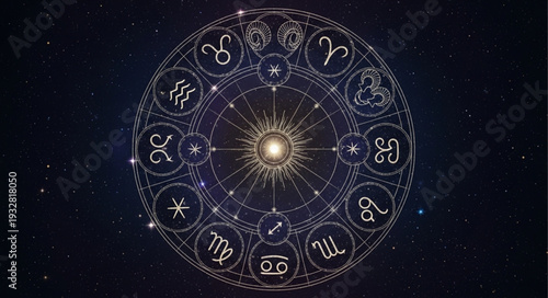 Astrological Zodiac Wheel Depicting Celestial Signs and Cosmic Symbols.