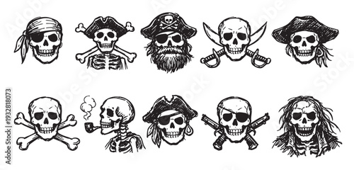 Hand-drawn pirate skull collection set on white background, featuring pirate hats, bandanas, crossbones, swords and other pirate accessories, ideal for themed events and illustrations.