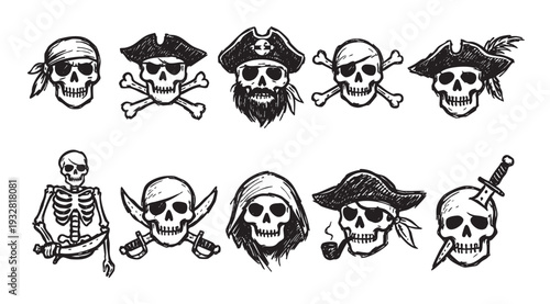 Hand-drawn collection of pirate skulls, skeletons and crossbones on white, with hats, swords, and bandanas in a sketchy, vintage style, perfect for Halloween, pirate themes and graphic design.