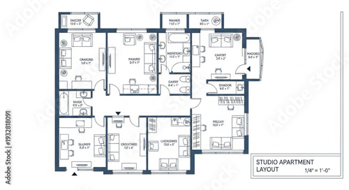 Detailed architectural blueprint of a modern apartment layout with multiple rooms and features.