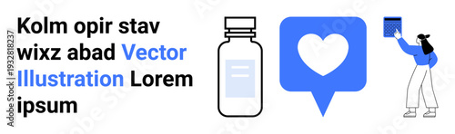 Health awareness, drug safety, digital health, social media engagement, online communication, modern design. A bottle, heart icon in speech bubble and a woman with a phone. Health awareness and drug
