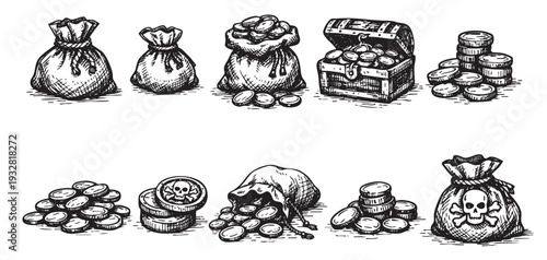 Black and white hand-drawn illustration of treasure elements: money bags filled with coins, treasure chest, coins and one pirate money bag with skull on white background.