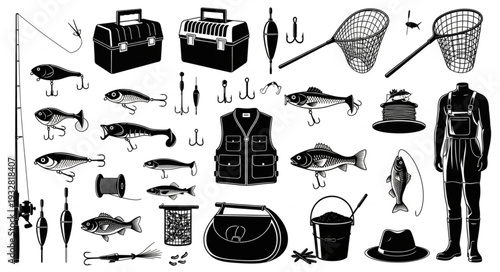 Fishing gear collection illustration, featuring rods, nets, tackle boxes, and various equipment.