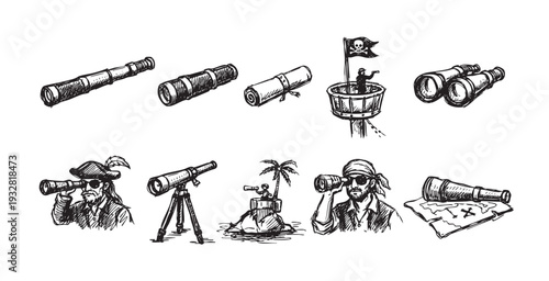 Black and white sketched pirate icons: telescopes, binoculars, treasure map, pirate on lookout tower and desert island, for adventure and nautical themes.