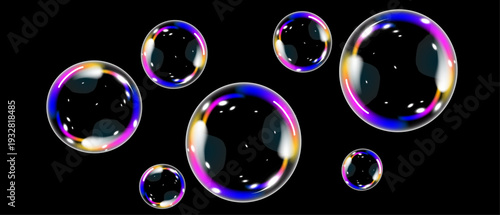 Seven transparent soap bubbles of different sizes on black background. Each bubble shows subtle reflections and rainbow highlights, creating a luminous and dreamy effect.