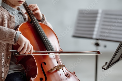 Close-up of a young child playing the cello with a focus on their hands and the bow for concepts of classical music education and childhood talent