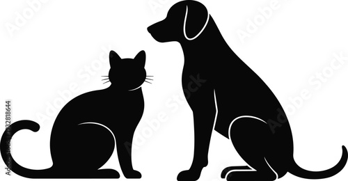 Cat and dog silhouette isolated on white background, domestic pet animals sitting together, black vector illustration symbolizing friendship, companionship and veterinary concept.