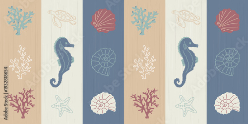 Seamless nautical vertical striped pattern with seahorse, turtle, coral and shells on wood texture. Muted coastal hand-drawn vector background for summer textile, wallpaper, packaging and scrapbooking