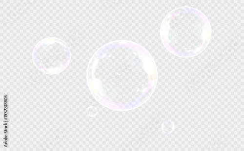 Five transparent soap bubbles of varying sizes with white reflections and subtle rainbow highlights on a light checkered background. Minimalist floating bubble composition.