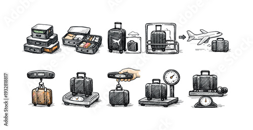 Airport and luggage flat icon set. Travel and baggage flat icons collection