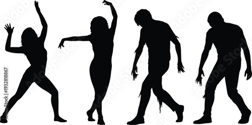 Dancing people silhouette collection isolated on white background, dynamic male and female figures in expressive movement poses, black vector illustration set.