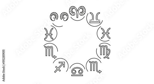 Zodiac wheel illustration featuring astrological signs in a circular arrangement, black and white.