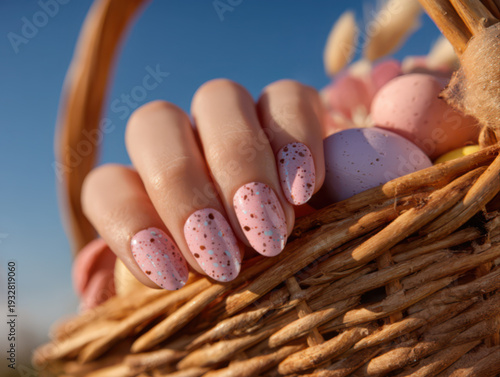 Close-up of finger nails with pastel speckled egg design, holding an Easter basket