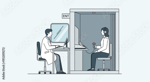 Audiologist testing patient's hearing in soundproof booth, medical exam