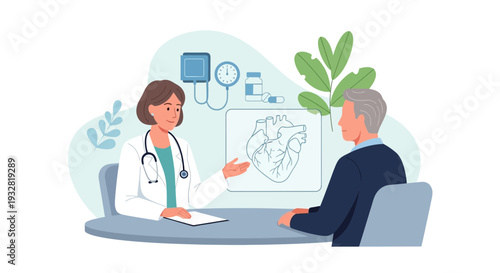 Doctor consulting patient about heart health with medical equipment and illustration