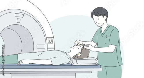 Doctor Attaching Sensor to Patient's Forehead for MRI Scan