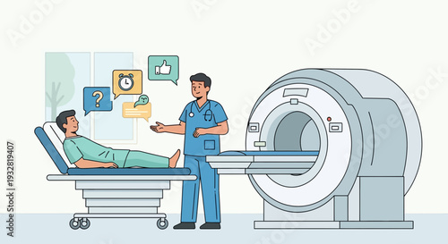 Doctor Explains MRI Scan to Patient Lying on Bed, Medical Technology Concept