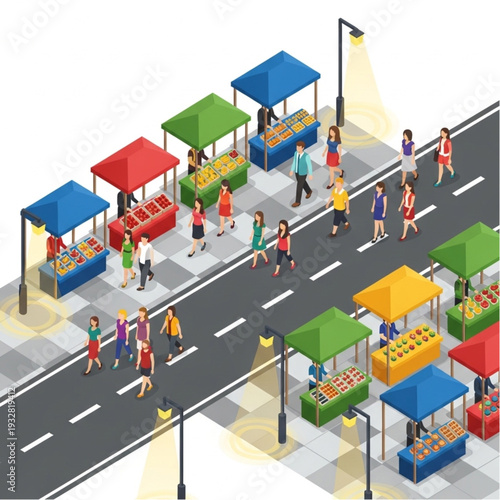 Vibrant Street Market Scene with Colorful Stalls and Shoppers.