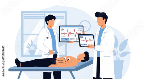 Doctors Analyzing ECG Data on Tablets with Patient Undergoing Medical Test