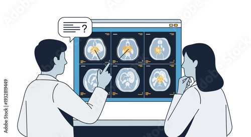 Doctors analyzing brain MRI scans on computer screen, medical consultation