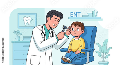 ENT Doctor Examining Young Boy's Ear with Otoscope in Medical Office