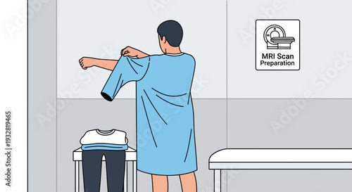 Patient preparing for MRI scan, changing into gown in clinic room