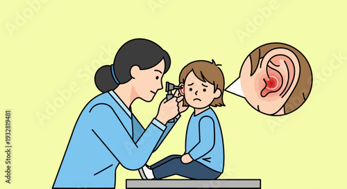 Pediatrician examines child's ear for infection, close-up of inflamed eardrum
