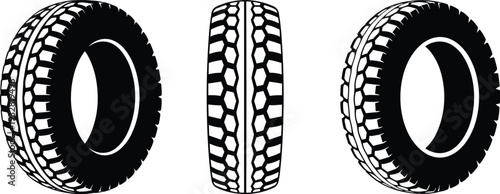 Car tire silhouette set in black, vehicle wheel tread vector illustration isolated on white background for automotive, transport, and design use