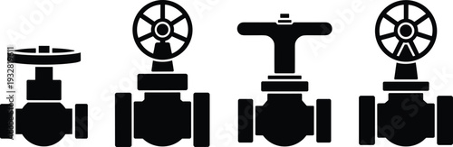 Industrial water valve silhouette set in black, plumbing pipe control vector icons isolated on white background for engineering, utility, and design use