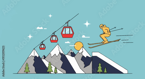 Cartoon Skier on Snowy Mountainside with Cable Car.