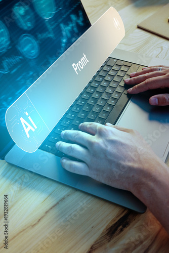 Hands typing on a laptop with AI and prompt display on the screen in a workspace setting