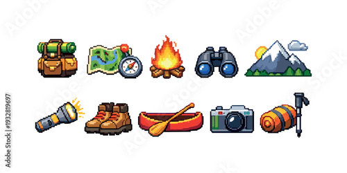 Camping and hiking icon set: outdoor adventure flat icons for wilderness explorers