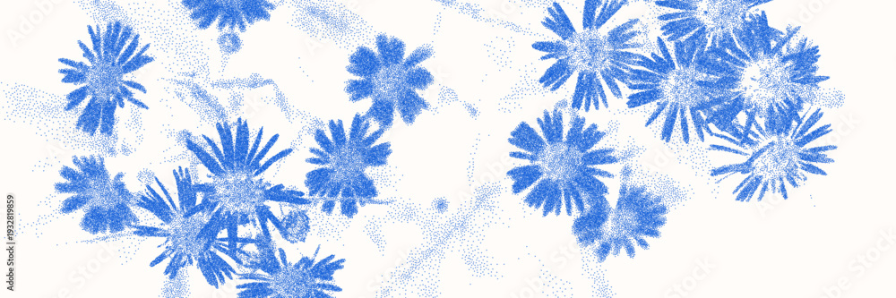 Fototapeta premium Blue cyanotype daisy botanical background. Stipple dot overlay texture with flower and twig silhouette. Delicate indigo blue nature banner for template and graphic design project.