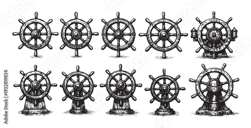Collection of different ship steering wheels, illustrated in a hand-drawn style, useful for nautical or vintage themed designs.