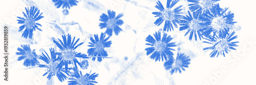 Blue cyanotype daisy botanical background. Stipple dot overlay texture with flower and twig silhouette. Delicate indigo blue nature banner for template and graphic design project.